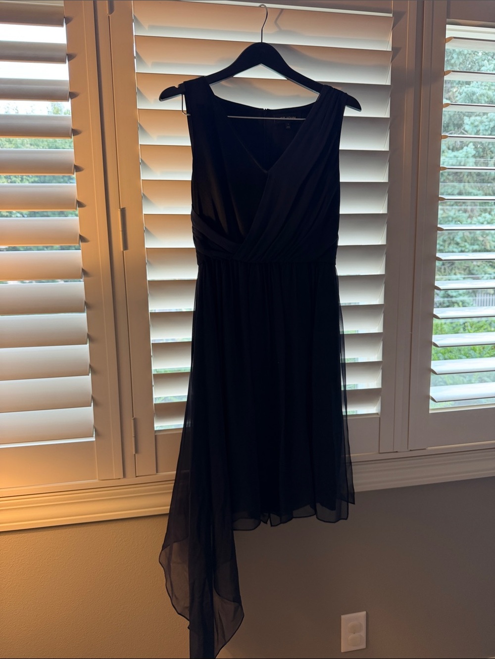 St. John Black/Navy Asymmetrical Silk Georgette V‑Neck Dress